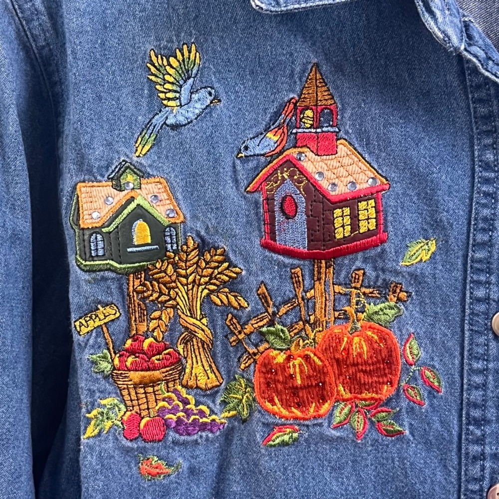 Bobbie Brooks Denim Embroidered Bird Houses Farm Cottage Core Shirt 14-16W - Picture 3 of 9